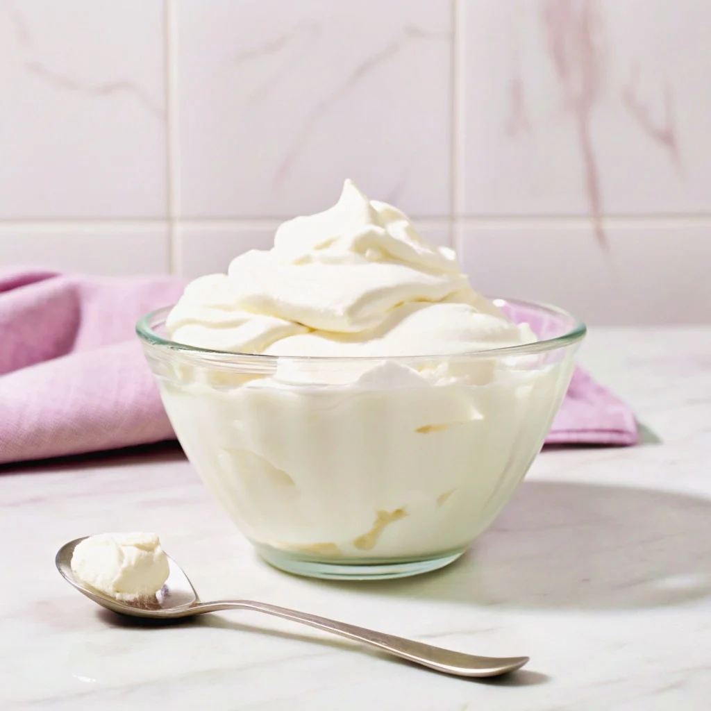 A glass bowl filled with fluffy whipped cream on a marble surface, accompanied by a spoon with a dollop of cream in the foreground.