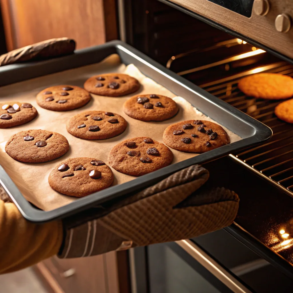 Freshly baked chocolate chip cookies on a baking tray, being removed from the oven by a person wearing oven mitts.