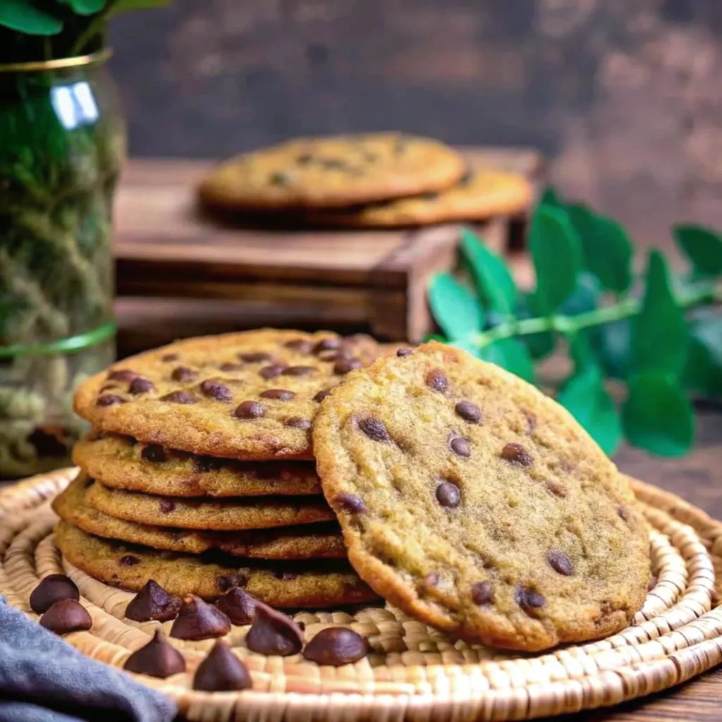 Stack of thin chocolate chip cookies on a woven plate with chocolate chips scattered around.