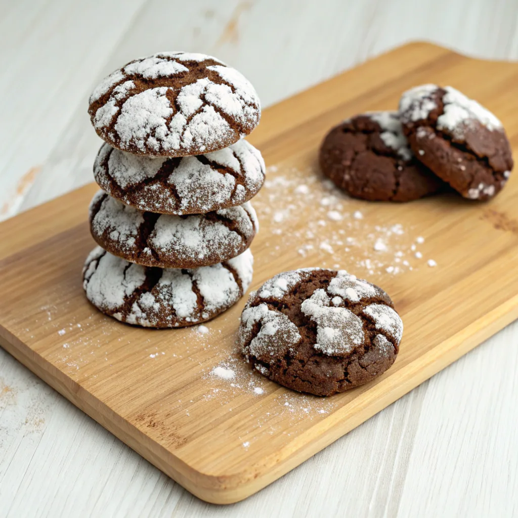 A stack of chocolate crinkle cookies dusted with powdered sugar on a wooden board, with a few more cookies scattered around.