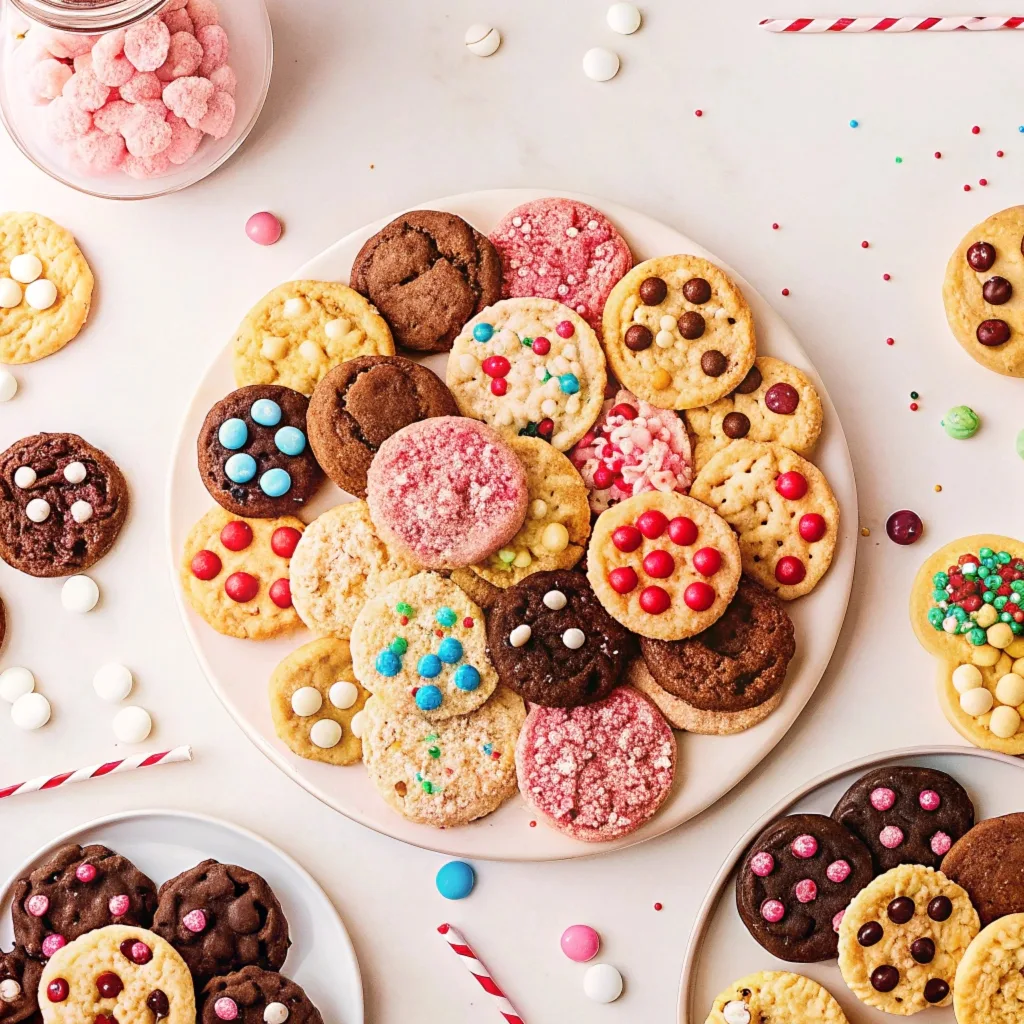 A colorful assortment of cake mix cookies topped with sprinkles, chocolate chips, and candies, arranged on a plate with scattered treats around.