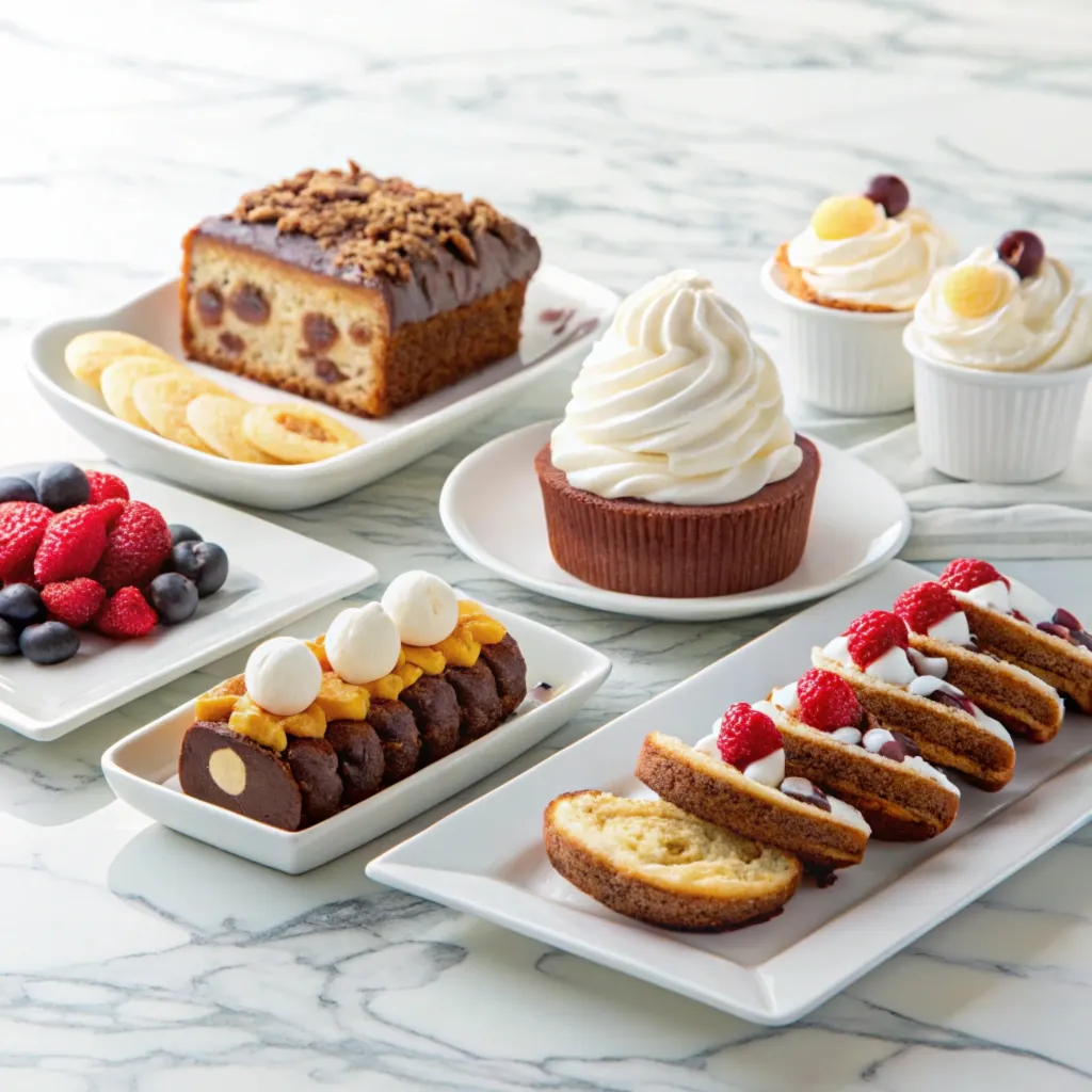 A variety of desserts arranged on a marble countertop, including a chocolate-topped loaf cake with bananas, a cupcake with whipped cream frosting, cupcakes with fruit garnishes, fresh mixed berries, a chocolate dessert with cream and mango topping, and slices of cake topped with raspberries and cream.