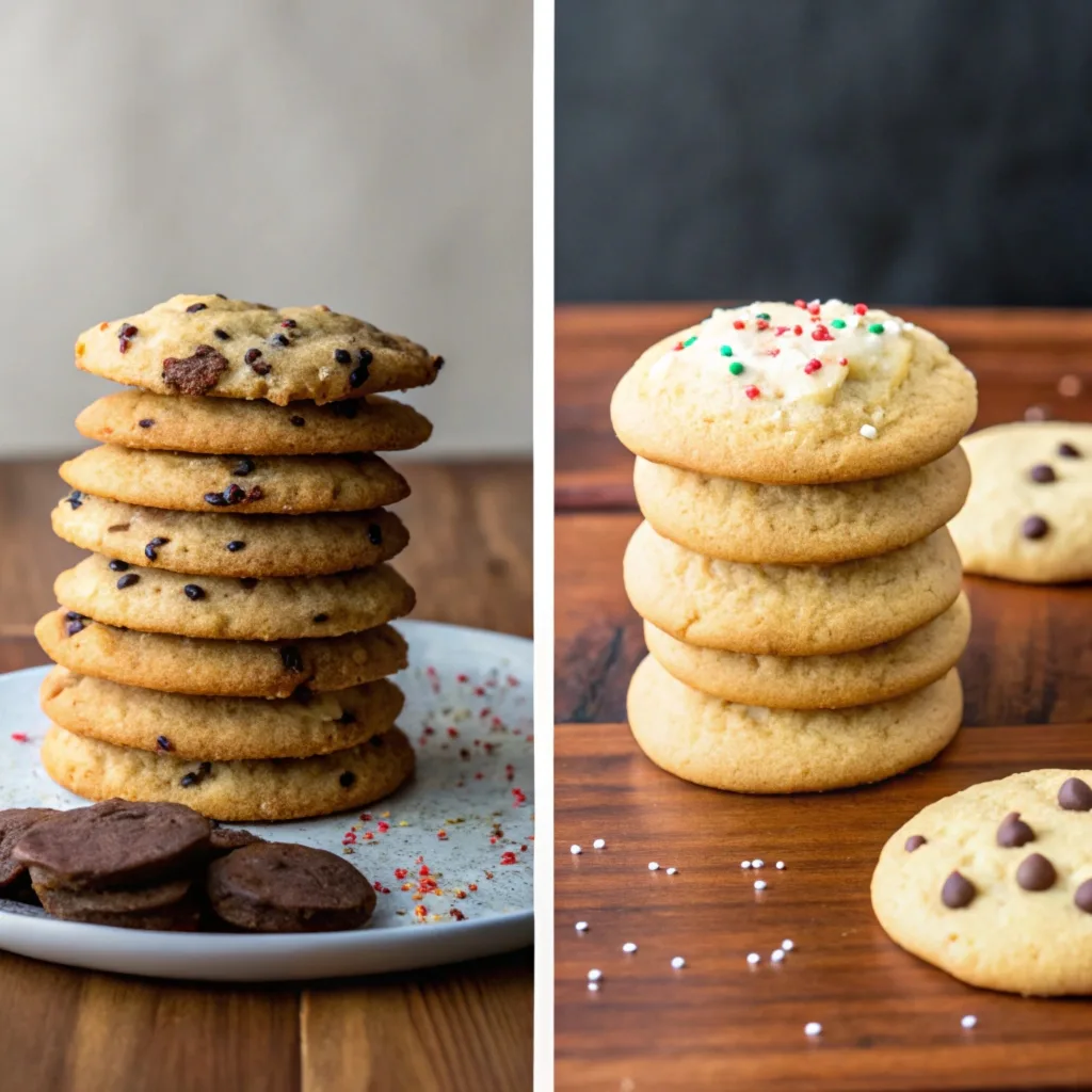 Side-by-side comparison of flat and fluffy cookies. On the left, a stack of thin, crispy chocolate chip cookies on a white plate. On the right, a stack of thick, soft, fluffy cookies with colorful sprinkles and chocolate chips on a wooden surface.
