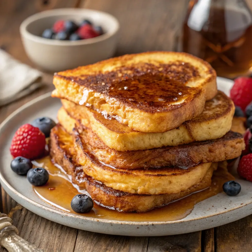 Thick slices of French Toast Pancakes drizzled with maple syrup and garnished with fresh raspberries and blueberries, served on a rustic plate.
