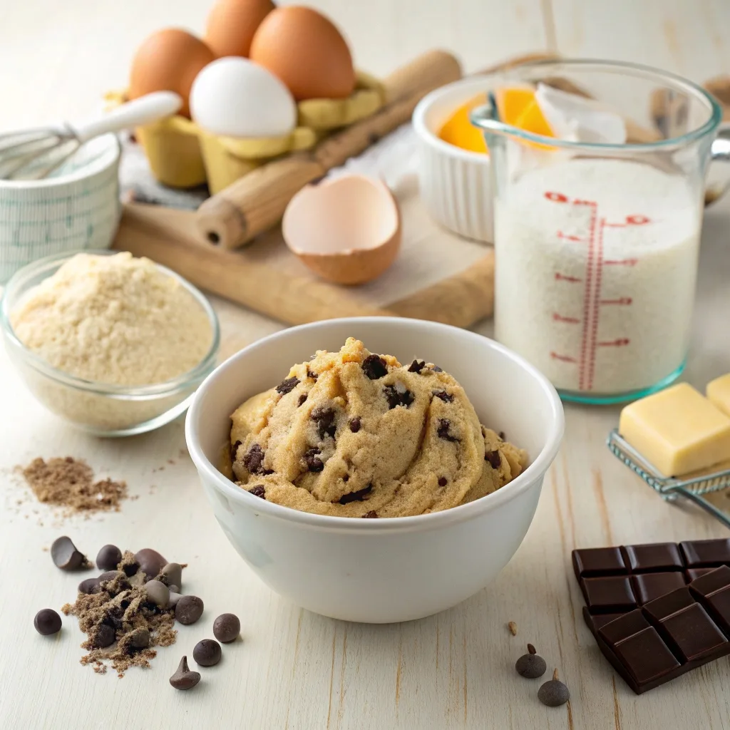 This image features a close-up of chocolate chip cookie dough in a white bowl, surrounded by various baking ingredients such as eggs, sugar, butter, flour, chocolate chips, and almond flour. The background includes measuring cups, a whisk, and a rolling pin, giving a cozy and inviting feel typical of a home baking setup.