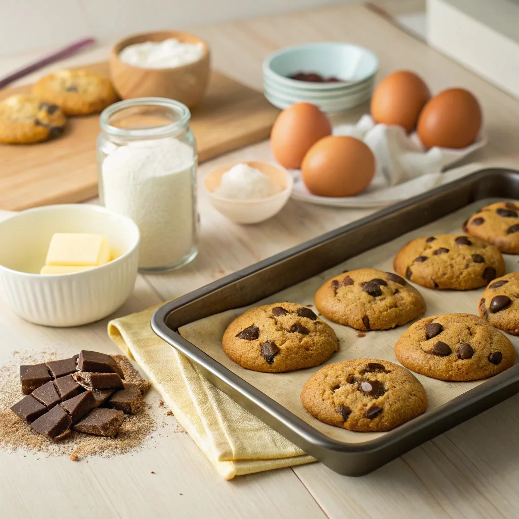 "Freshly Baked Chocolate Chip Cookies: The Perfect Treat" This image displays a freshly baked tray of chocolate chip cookies placed on a parchment-lined baking sheet. Surrounding the tray are ingredients commonly used in baking cookies, such as eggs, butter, flour, chocolate chunks, and sugar, along with small bowls and jars for preparation. In the background, additional baked cookies and baking tools are visible, giving a warm and homemade atmosphere.