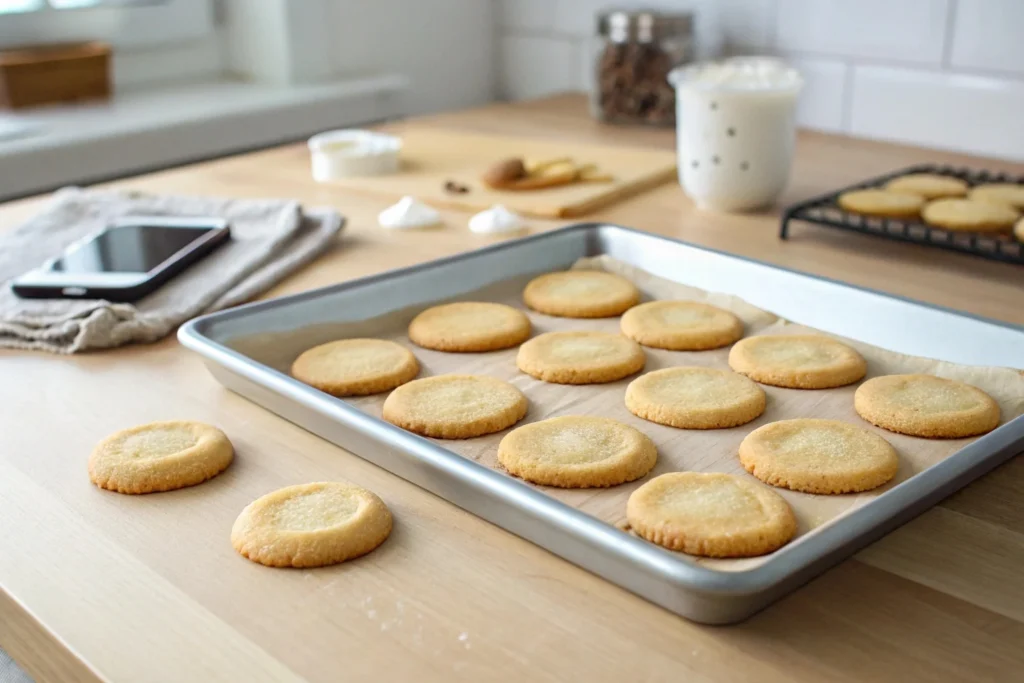 "Freshly baked cookies on a tray with a golden-brown, puffy texture, showing a soft and chewy interior, illustrating why cookies deflate after baking."