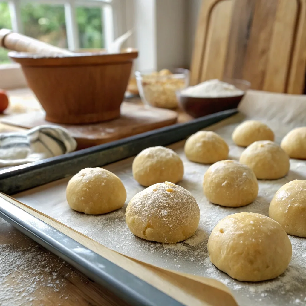 "Amateur photo of cookie dough balls on a baking sheet, showing the correct dough consistency to prevent flat cookies, ready to be baked."