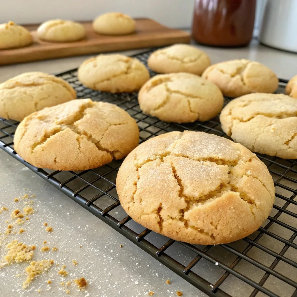 Close-up of golden-brown, sugar-dusted cookies with a cracked surface cooling on a black wire rack, illustrating tips on how to prevent flat cookies, with crumbs scattered on the countertop and more cookies in the background.