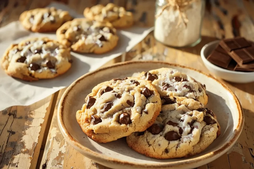 A close-up image of freshly baked fluffy chocolate chip cookies served on a rustic plate. The cookies are golden brown with melted chocolate chips and a sprinkle of sugar on top. In the background, additional fluffy cookies, a jar of flour, and pieces of chocolate can be seen, creating a warm, inviting atmosphere.