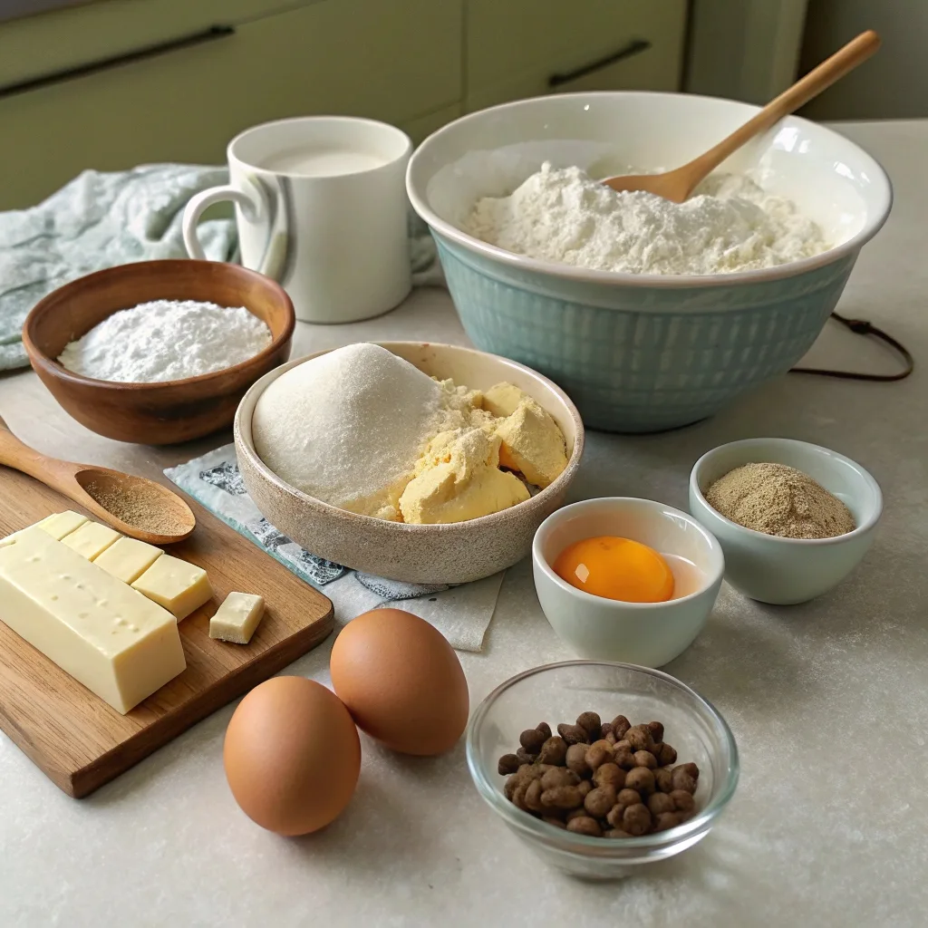 Ingredients for fluffy cookies on a kitchen counter, including flour, butter, sugar, eggs, and baking powder, illustrating the essential components to prevent flat cookies.