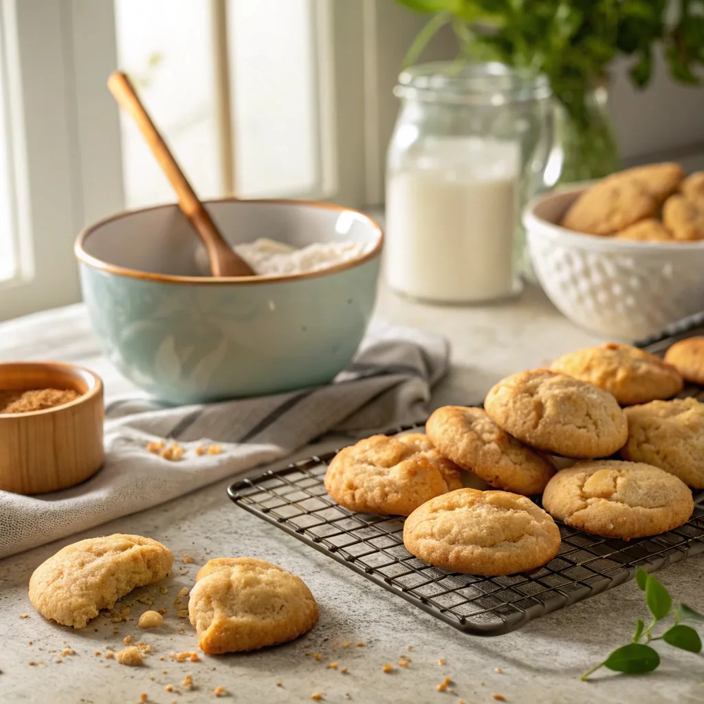 A cozy kitchen scene featuring freshly baked golden cookies on a cooling rack. A cracked cookie is in the foreground, showcasing its soft and crumbly texture. In the background, there's a light blue mixing bowl with a wooden spoon, a jar of milk, and other baking ingredients.