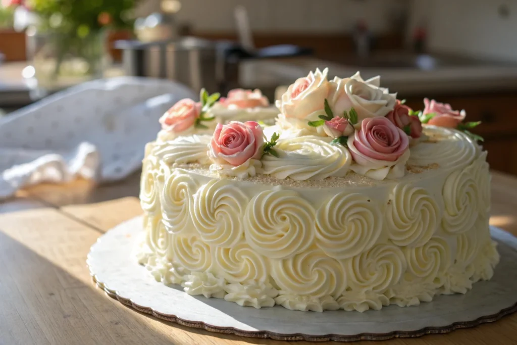 Whipped cream frosting cake close-up showing smooth, fluffy texture, highlighting the whipped cream frosting life and freshness.