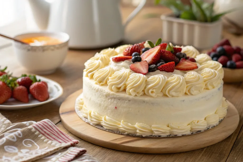 A beautifully decorated cake with stable whipped cream, showcasing smooth, fluffy whipped cream without melting, perfect for cake decoration.