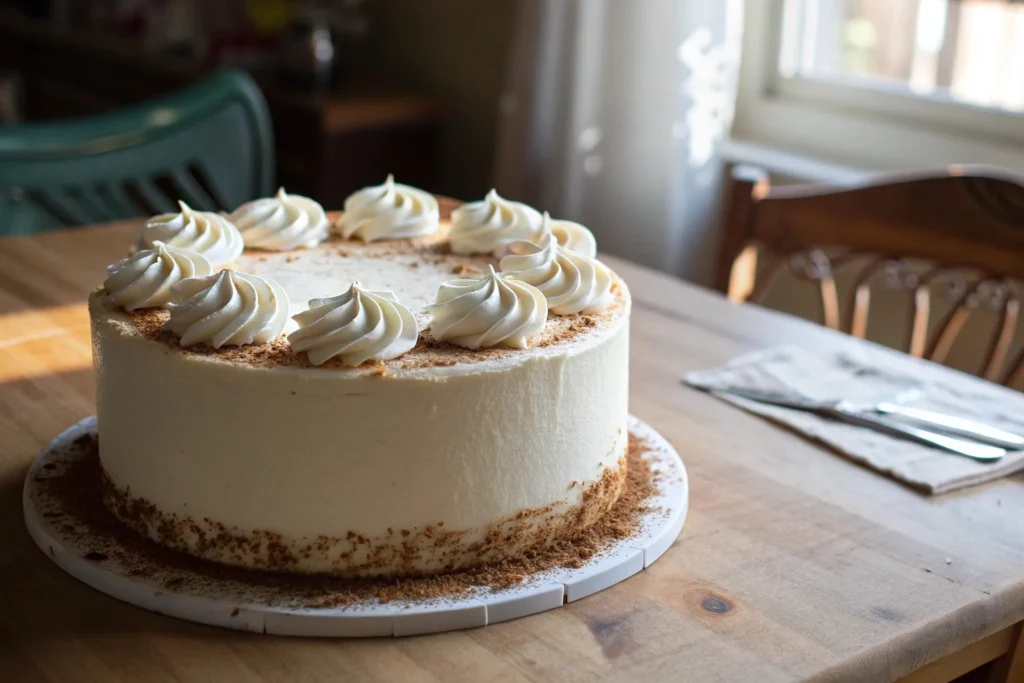 Beautifully decorated cake with Cool Whip topping, showcasing a smooth and fluffy texture, ideal for cake decoration, captured in natural light."