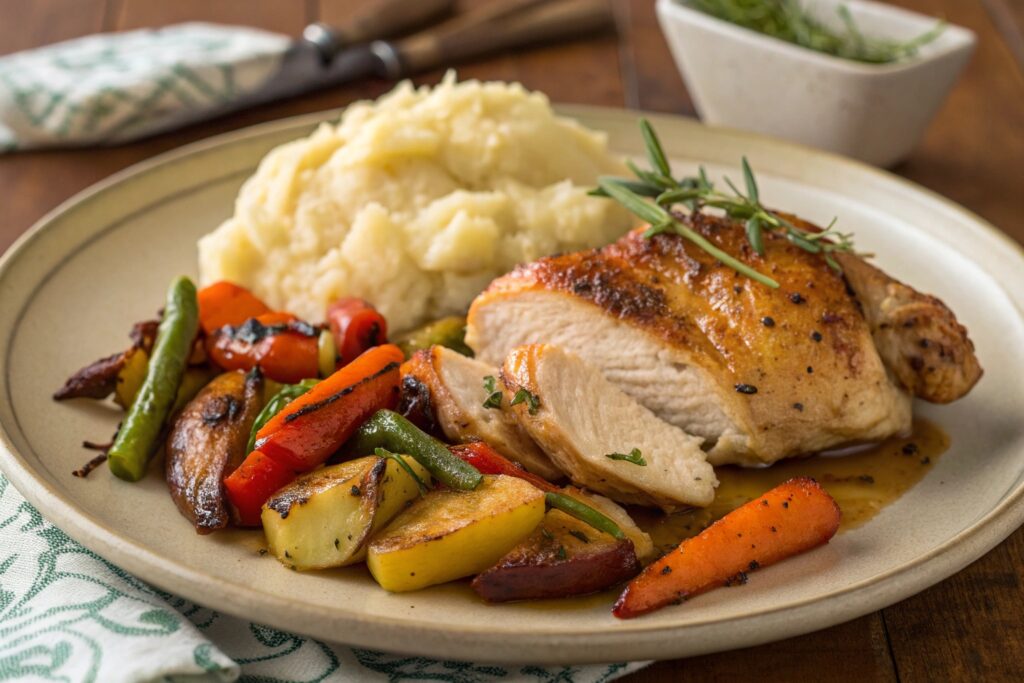 Slow-cooked chicken breast served with roasted vegetables and mashed potatoes, showcasing a tender and flavorful dish prepared in a slow cooker.