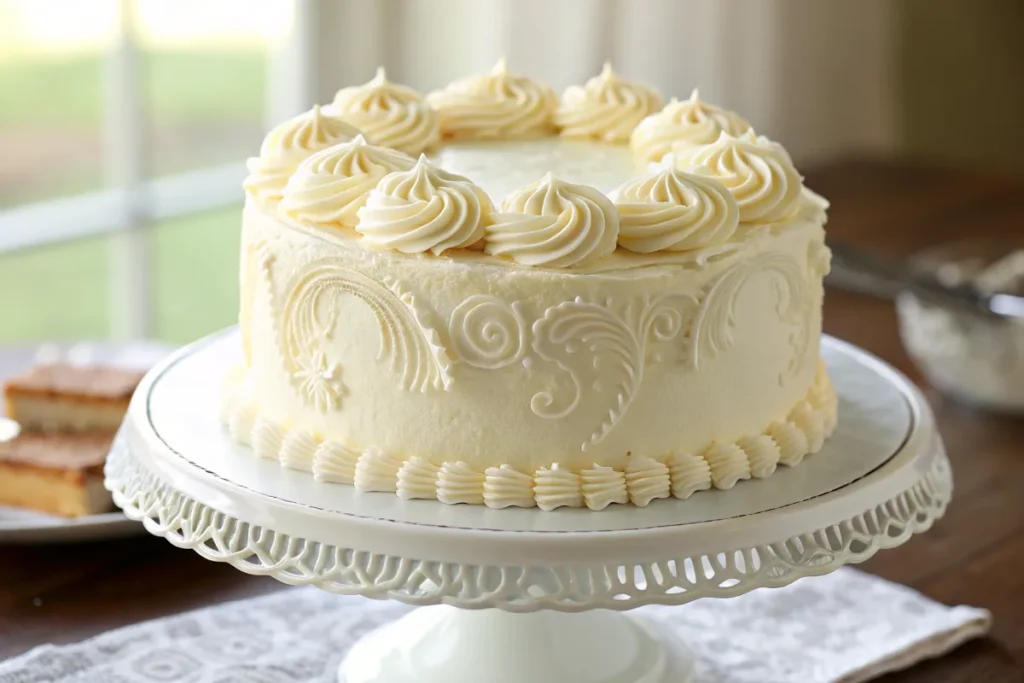 A white cake topped with perfectly piped whipped cream rosettes, placed on a decorative cake stand.