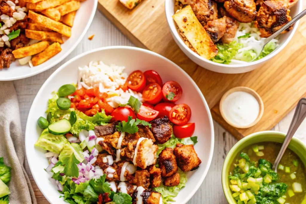 A colorful Cava Chicken Bowl with grilled harissa chicken, fresh vegetables, and a creamy dressing, served in a white bowl.
