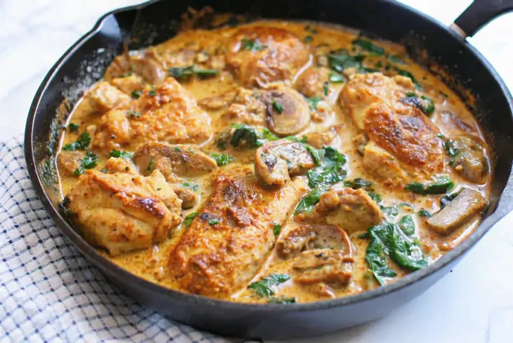 A creamy chicken dish with spinach and mushrooms in a black cast-iron skillet, featuring golden-brown seared chicken in a rich sauce with sautéed mushrooms and wilted spinach.