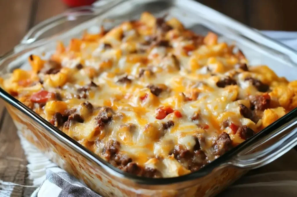 A freshly baked chili cheese dog casserole in a glass baking dish, topped with melted cheese, ground beef, and diced tomatoes.