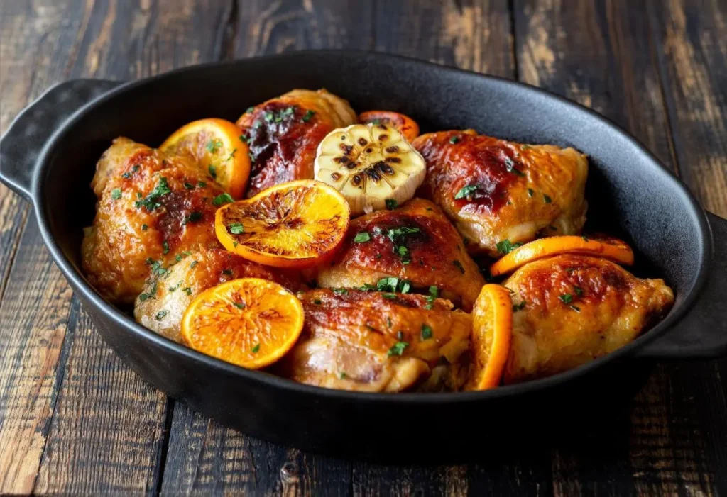 Golden-brown chicken thighs with orange slices and roasted garlic, perfect for cooking on high or low in a crock pot.