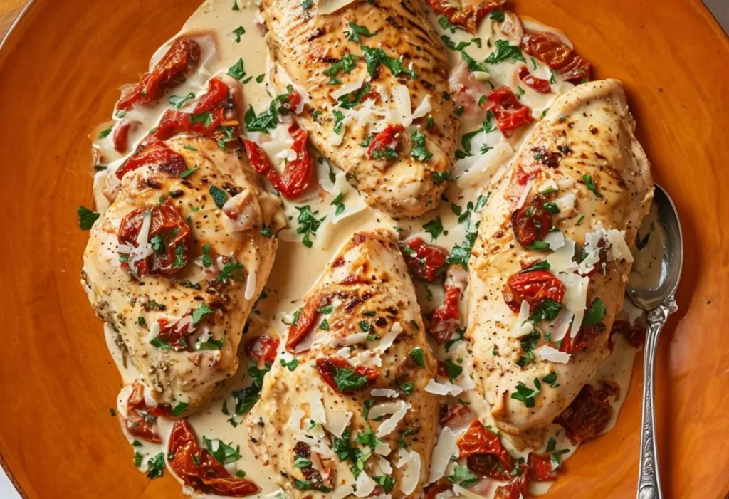 Crock Pot Marry Me Chicken served in a creamy sauce with sun-dried tomatoes and fresh parsley on a warm-toned plate.
