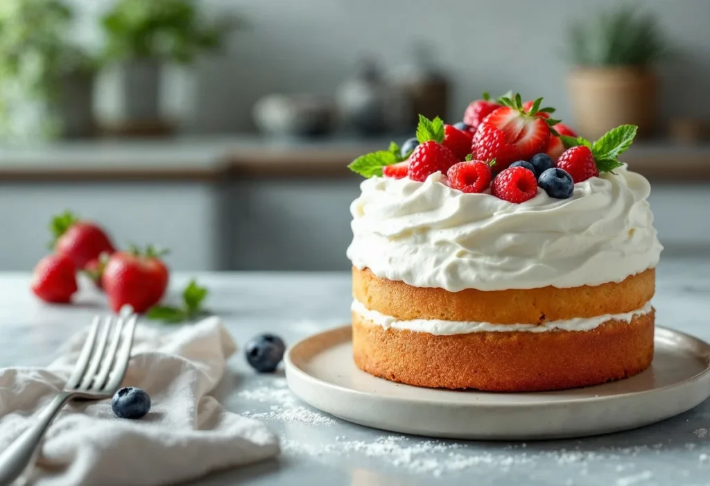 Homemade cake topped with fluffy Cool Whip and fresh berries on a plate in a cozy kitchen setting.