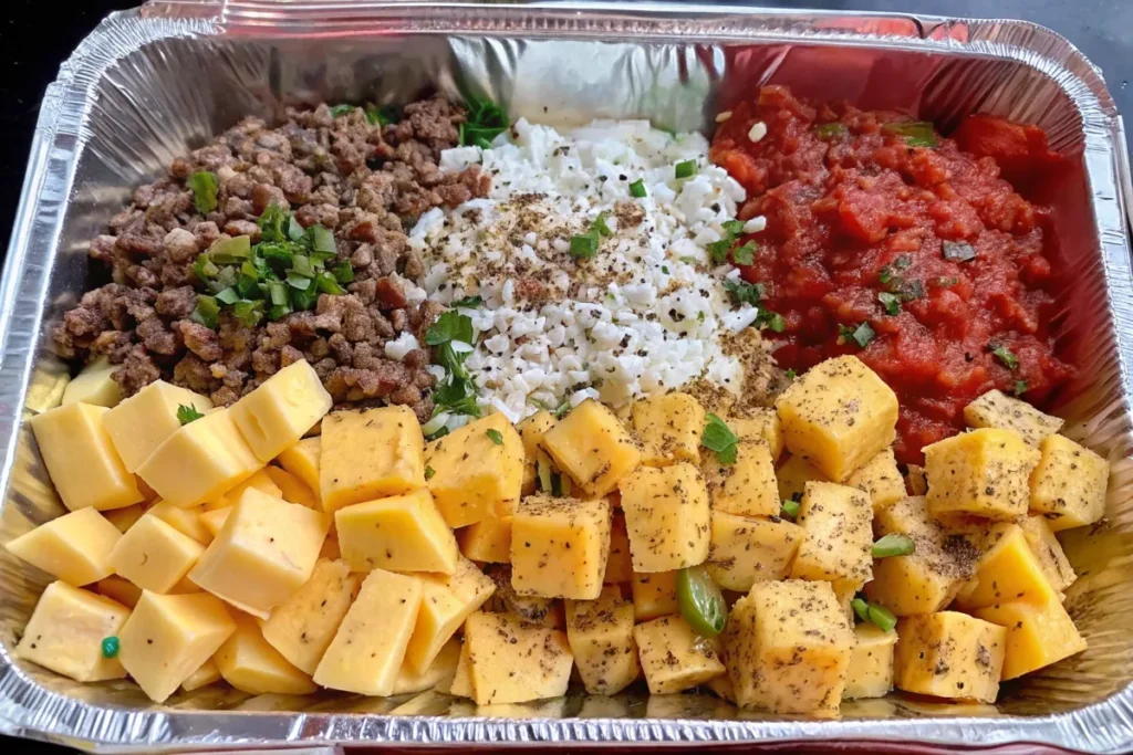 A foil pan filled with cubed cheddar cheese, cooked ground beef, diced jalapeños, crumbled white cheese, salsa, and seasonings, prepped for a smoked queso dip recipe.