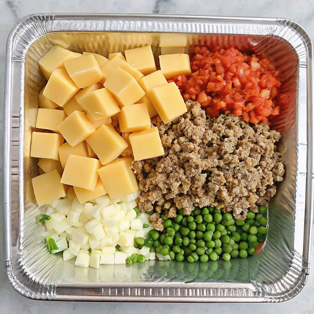 Smoked Queso Dip Recipe2 A foil pan filled with cubed cheddar cheese, ground beef, diced tomatoes, chopped onions, green peas, and seasonings, prepped for a cheesy smoked dip.
