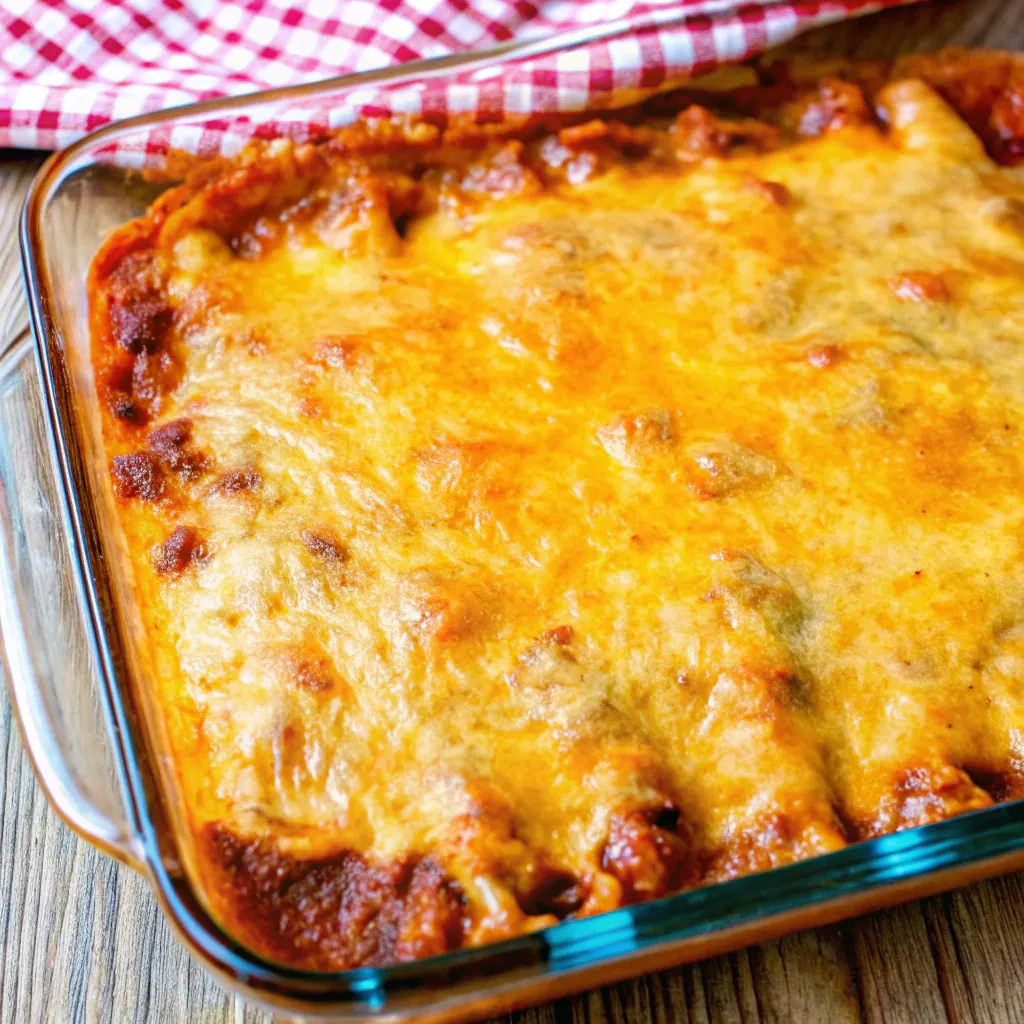 A baked lasagna in a clear glass baking dish with visible layers of pasta, meat sauce, and melted cheese, with a red and white checkered towel partially covering the top left corner.