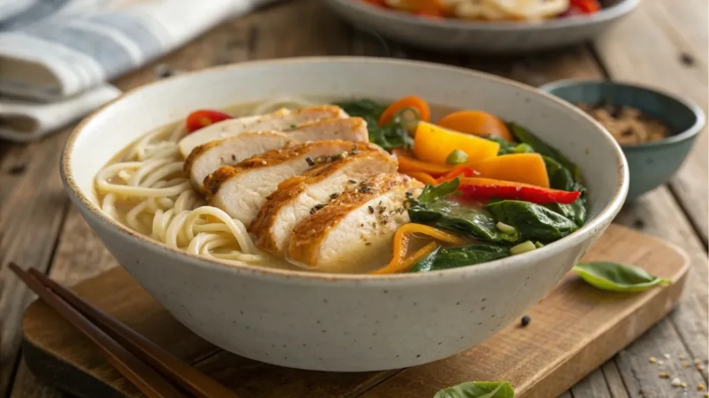 Delicious bowl of homemade chicken noodles with chicken slices, fresh vegetables like carrots, spinach, and bell peppers, showcasing how to make chicken noodles better
