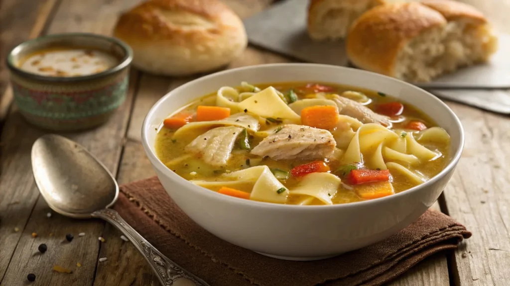 A hearty bowl of chunky chicken noodle soup with tender chicken, wide egg noodles, and colorful vegetables on a rustic wooden table