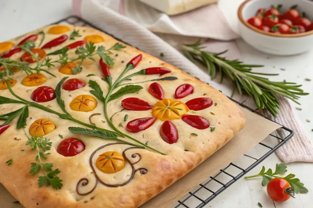 Focaccia bread art with a floral design made from cherry tomatoes, chili peppers, parsley, and rosemary.