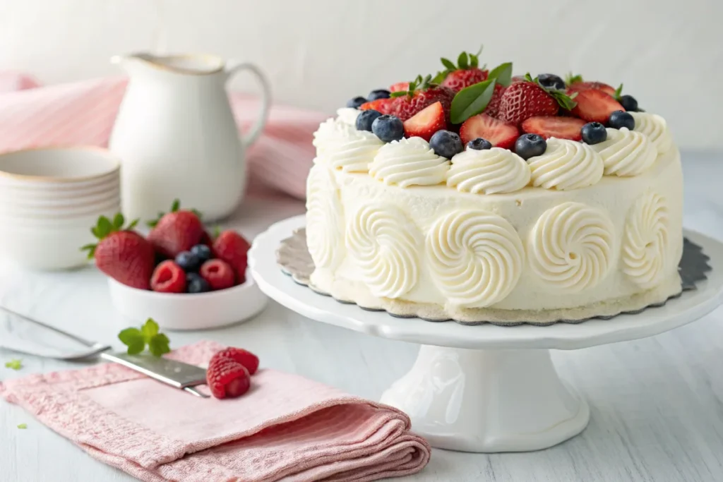 A beautifully frosted cake topped with Cool Whip swirls and fresh berries on a white pedestal.