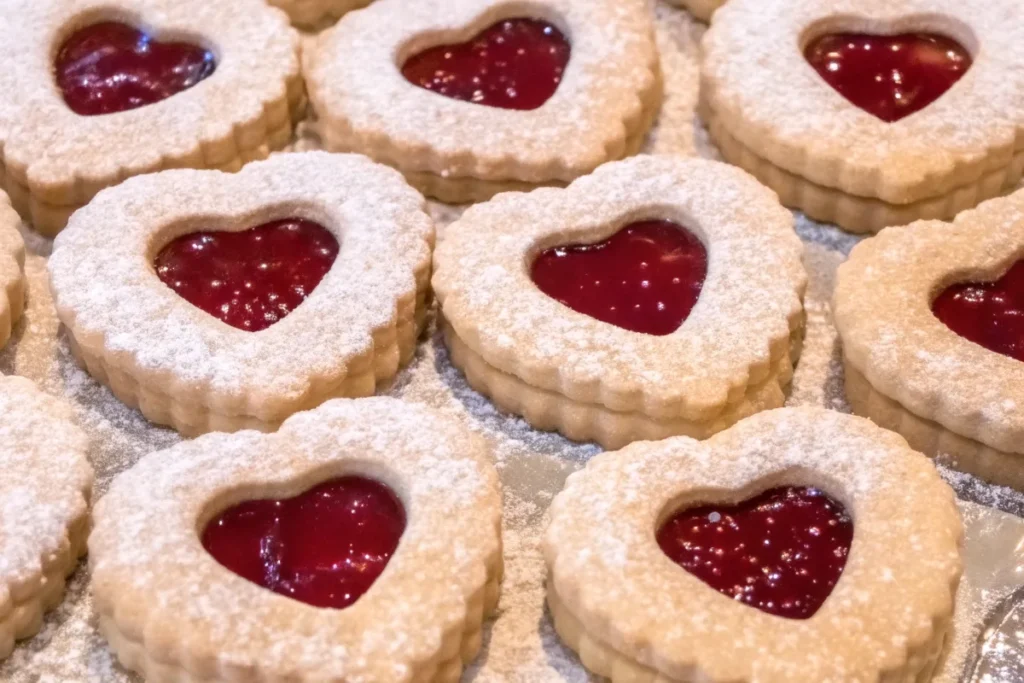 Heart-shaped cookies with a raspberry jam center, topped with powdered sugar.