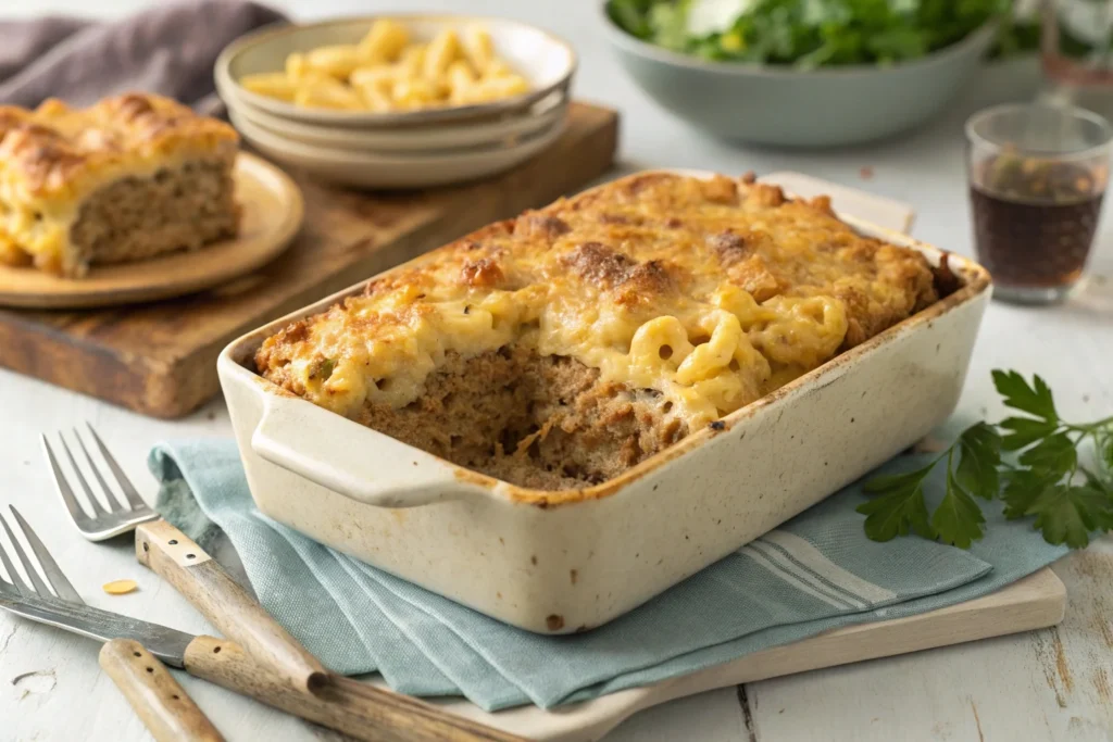 Golden-brown Mac and Cheese Meatloaf Casserole fresh out of the oven, showing creamy cheese and savory meatloaf layers in a rustic baking dish.