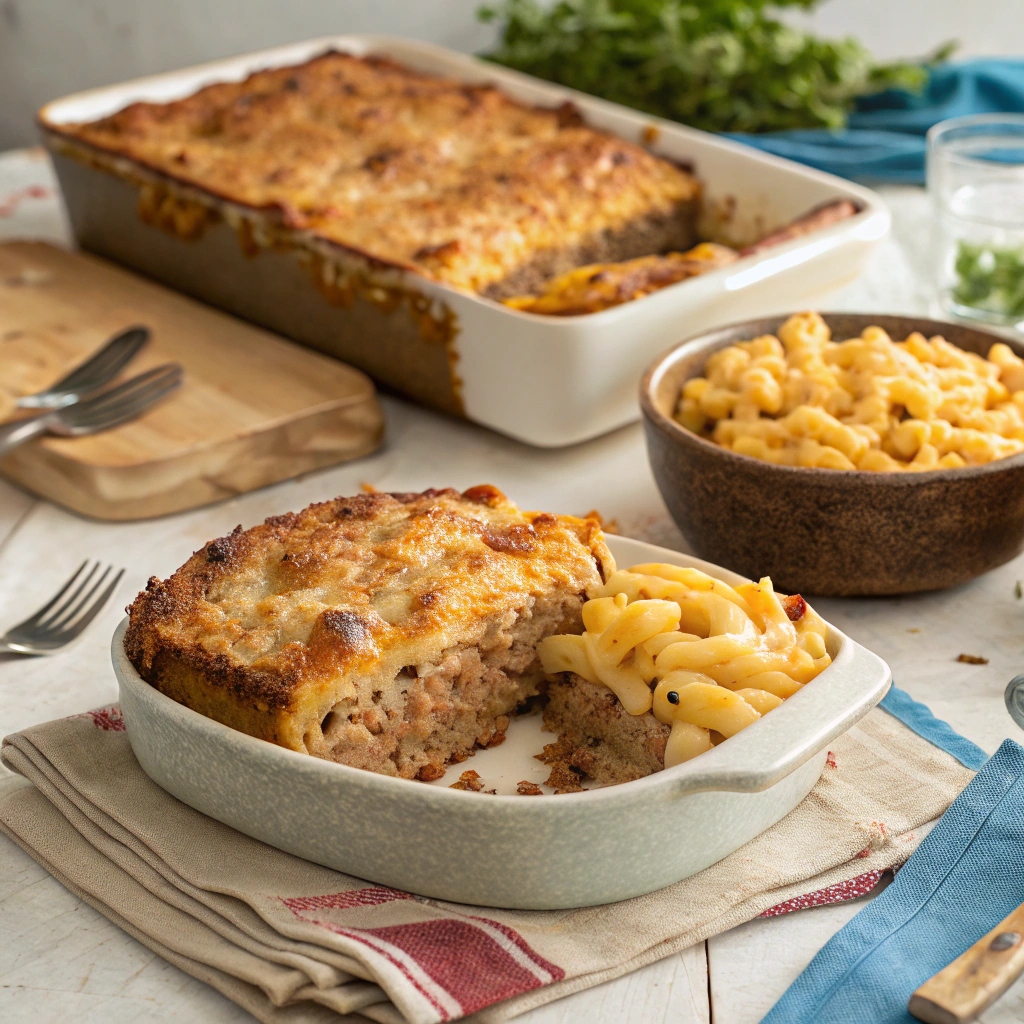 A hearty serving of Mac and Cheese Meatloaf Casserole on a plate, with visible layers of cheesy pasta and savory meatloaf, showcasing the dish’s creamy and comforting texture.