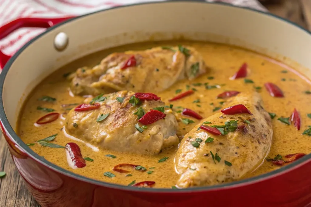 Why Do They Call It 'Marry Me Chicken'? Tender chicken breasts in a creamy sauce garnished with fresh herbs and red peppers.