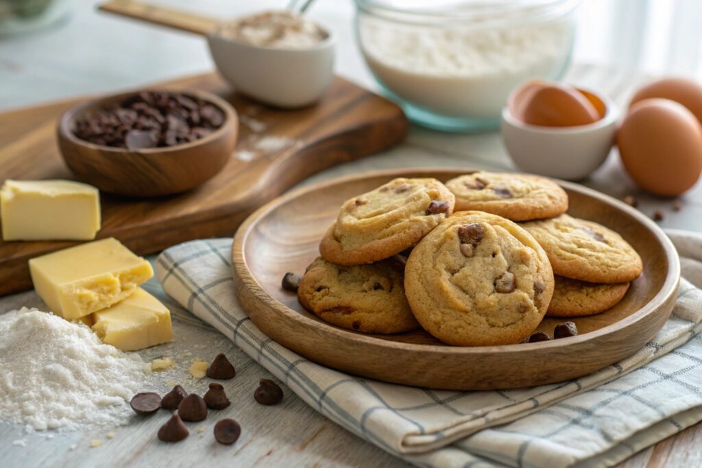 Perfectly baked cookies with golden brown edges and soft centers, showcasing a homemade look with key ingredients like chocolate chips, butter, and flour in a cozy kitchen setting, illustrating how to keep cookies from going flat.
