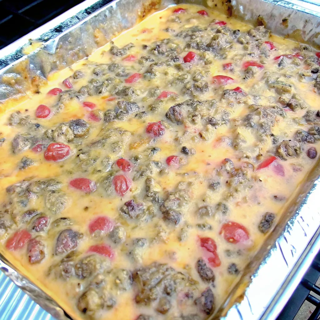 smoked-queso-dip-recipe3 A foil pan filled with melted smoked queso dip made with cheddar cheese, ground beef, diced tomatoes, and spices, freshly cooked and ready to serve.