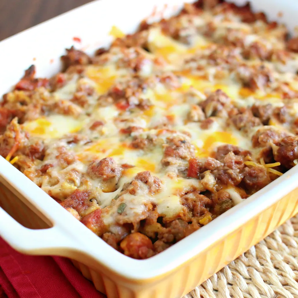 A freshly baked taco potato casserole in a yellow baking dish, topped with melted cheese and taco-seasoned beef.