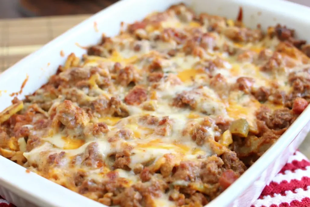 Cheesy taco potato casserole in a white baking dish, topped with melted cheese and seasoned beef.