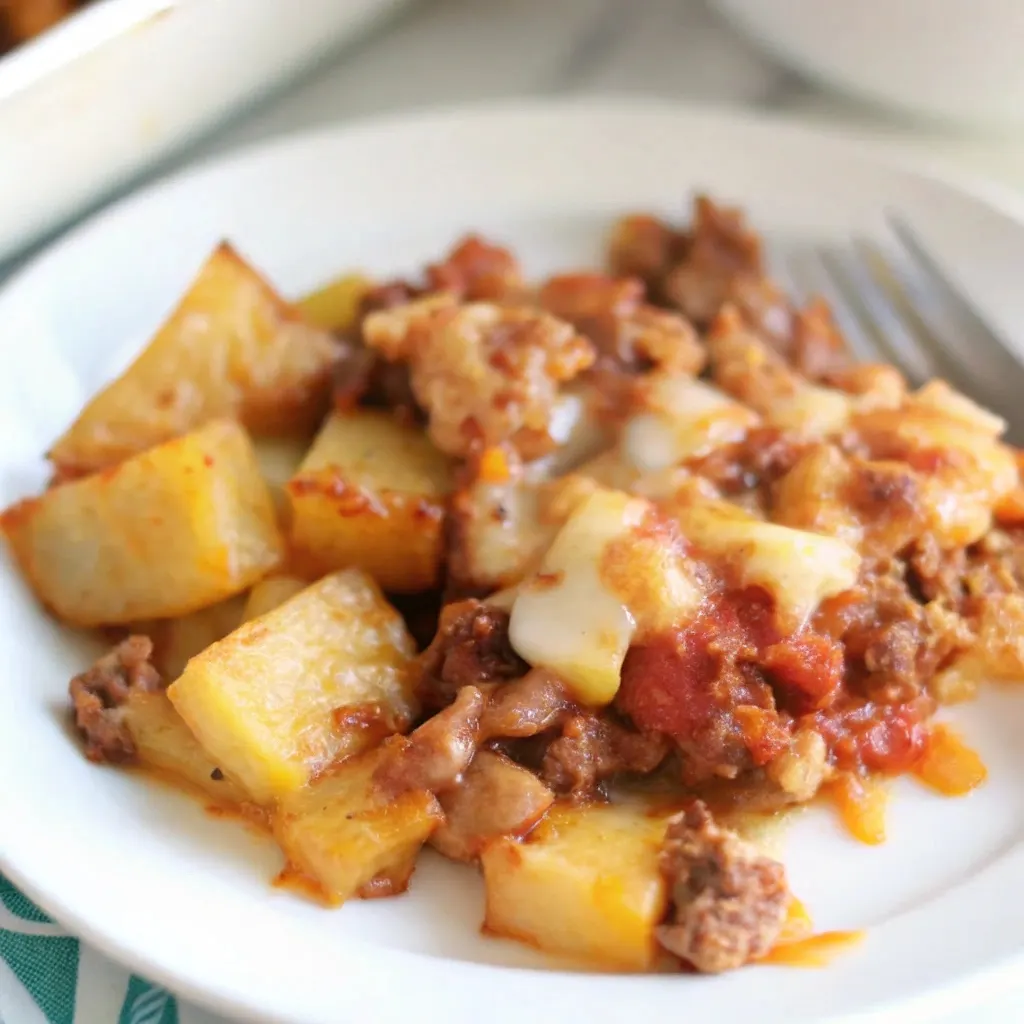 taco-potato-casserole-33 A serving of taco potato casserole on a white plate, featuring cheesy potatoes and taco-seasoned beef.