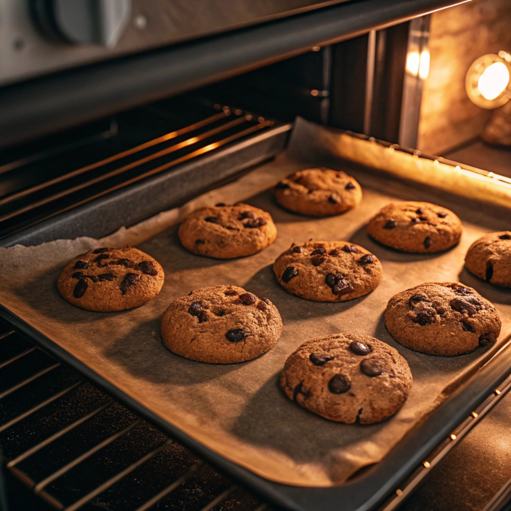 Chocolate chip cookies baking in the oven on a parchment-lined tray, with the oven light illuminating their golden-brown surface.