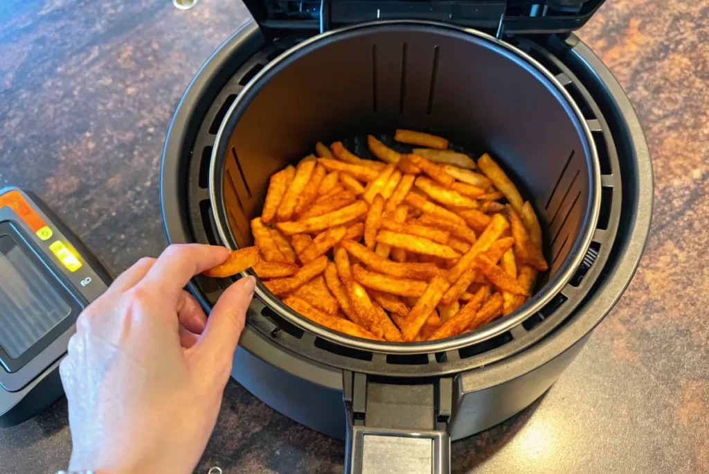 Crispy Checkers fries cooked in an air fryer, with a hand picking up a fry.
