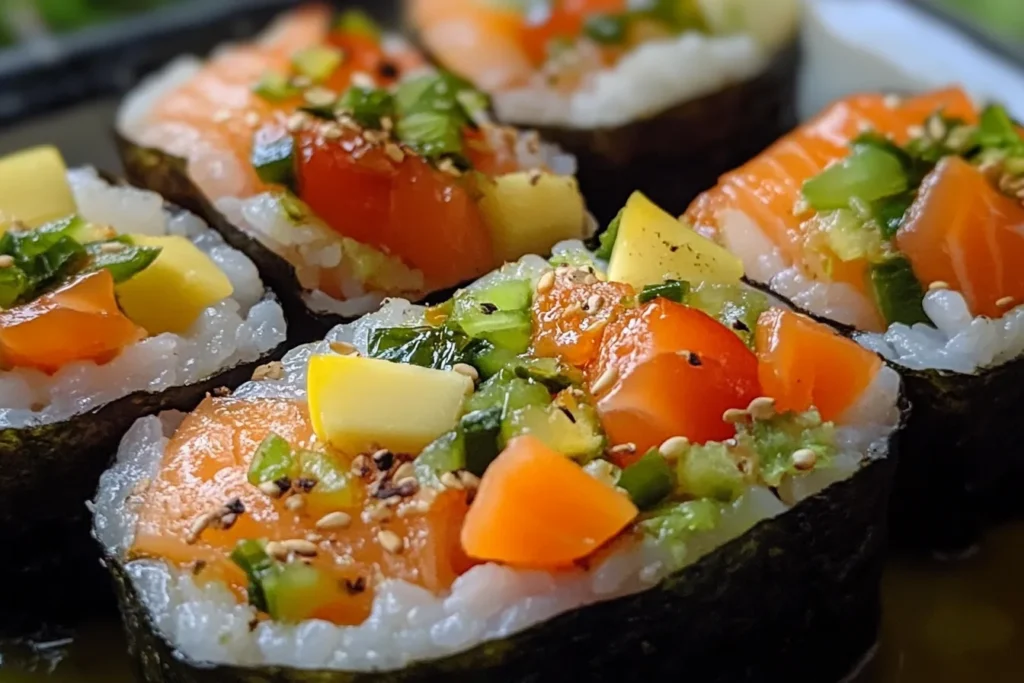 Close-up of baked salmon sushi rolls with colorful toppings.