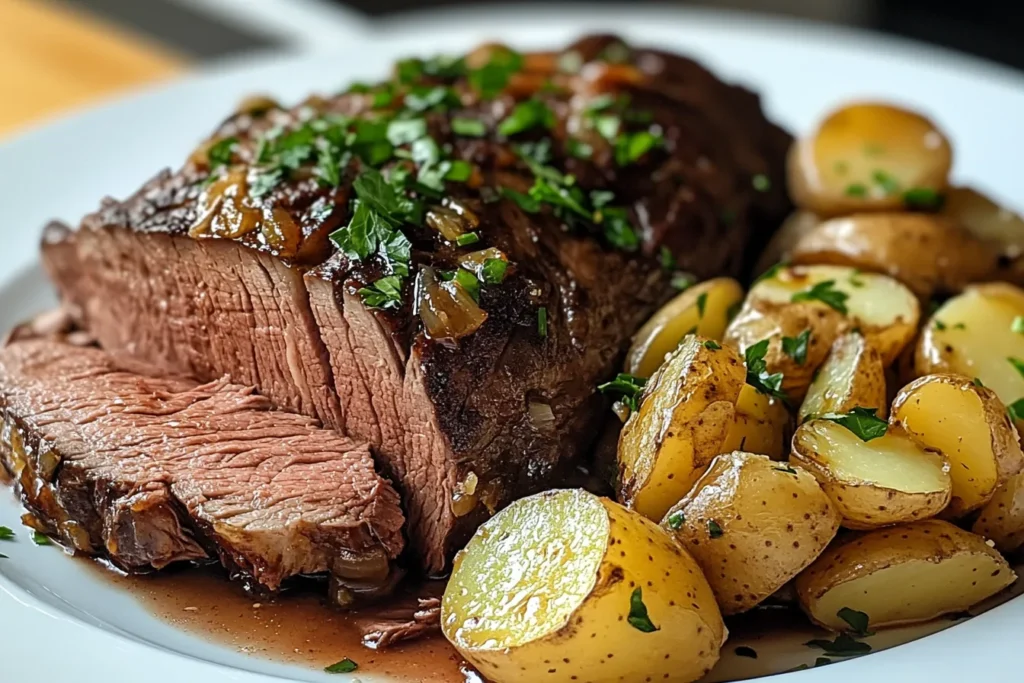 Tender beef shoulder roast with caramelized onions, garnished with fresh parsley, served alongside golden roasted potatoes.