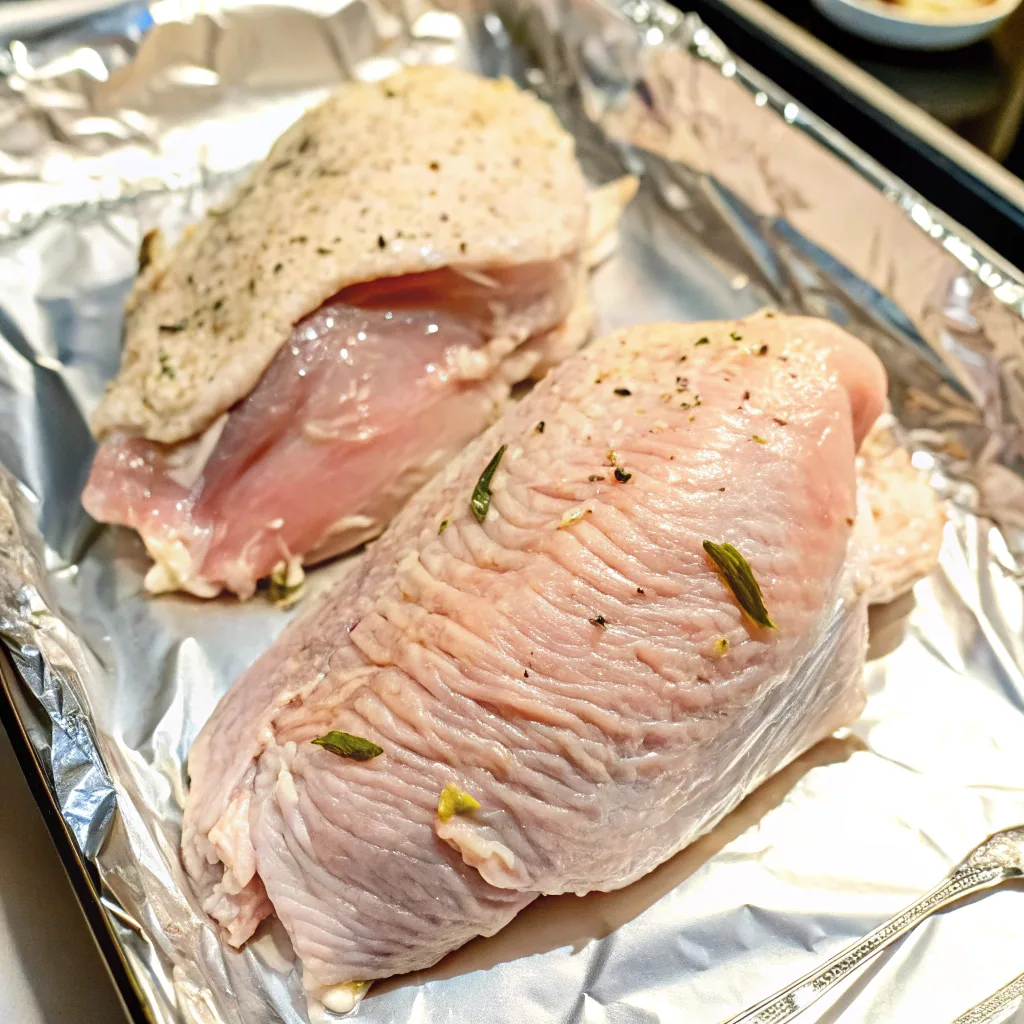 Raw Pound Butterball Turkey Breast seasoned with herbs and spices, placed on a foil-lined baking pan, ready for roasting.