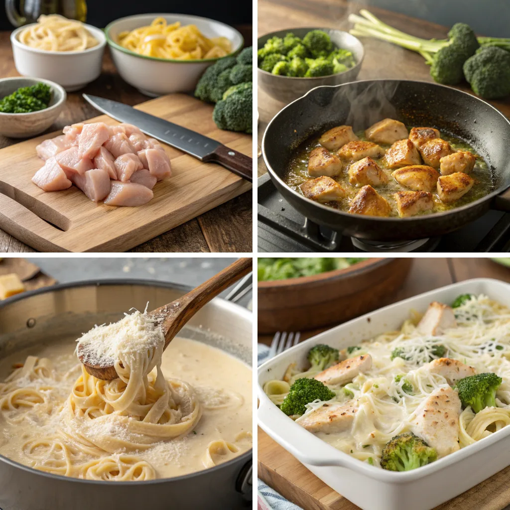 Step-by-step process of making Chicken Broccoli Alfredo Bake, showing chopped chicken, pan-seared chicken pieces, creamy Alfredo pasta, and a final baked casserole dish with melted cheese and broccoli.