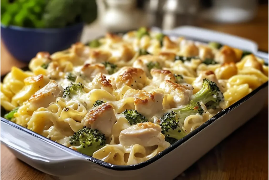 Golden-brown Chicken Broccoli Alfredo Bake in a white casserole dish, with creamy pasta, tender chicken pieces, and vibrant green broccoli, topped with melted cheese.